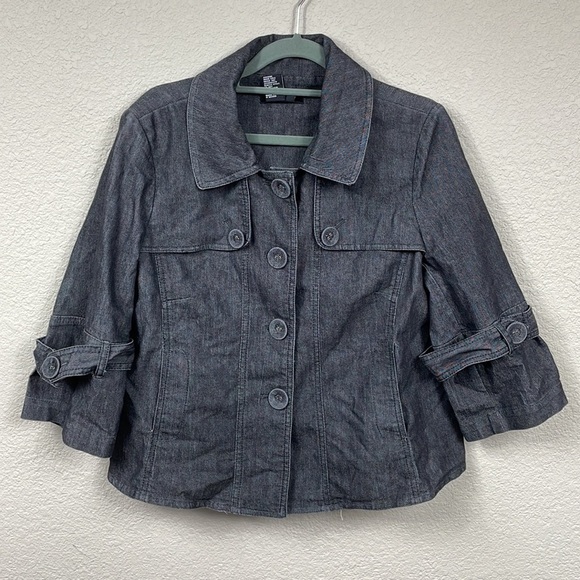 Sandro Sportswear Cropped Jacket Denim Chambray Utility 3/4 Sleeve Gray Sz M - Picture 1 of 9